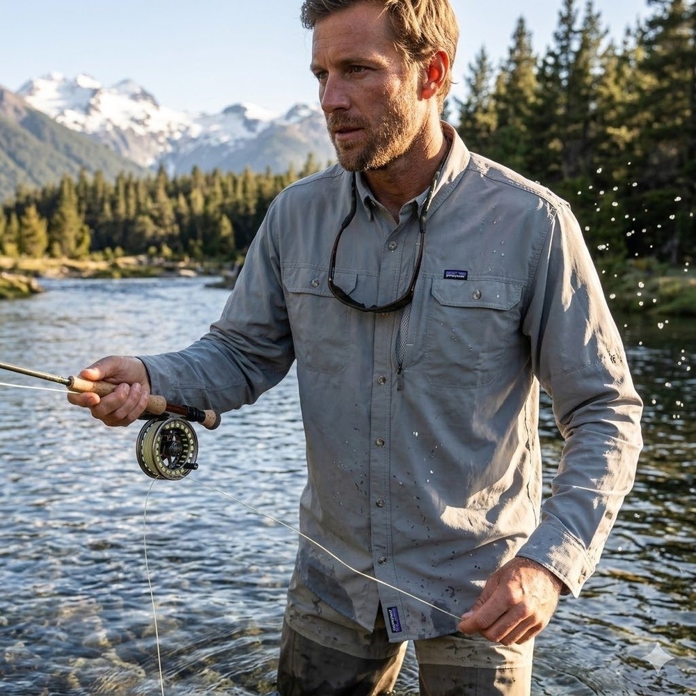 Patagonia Mens Gray Long Sleeve Ventilated Ripstop Fishing Shirt Worn Wear